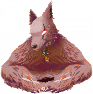 A large brown wolf with glowing eyes and a scar across its face.