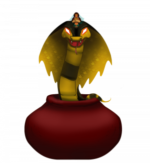 A gold and black cobra snake in a red pot.